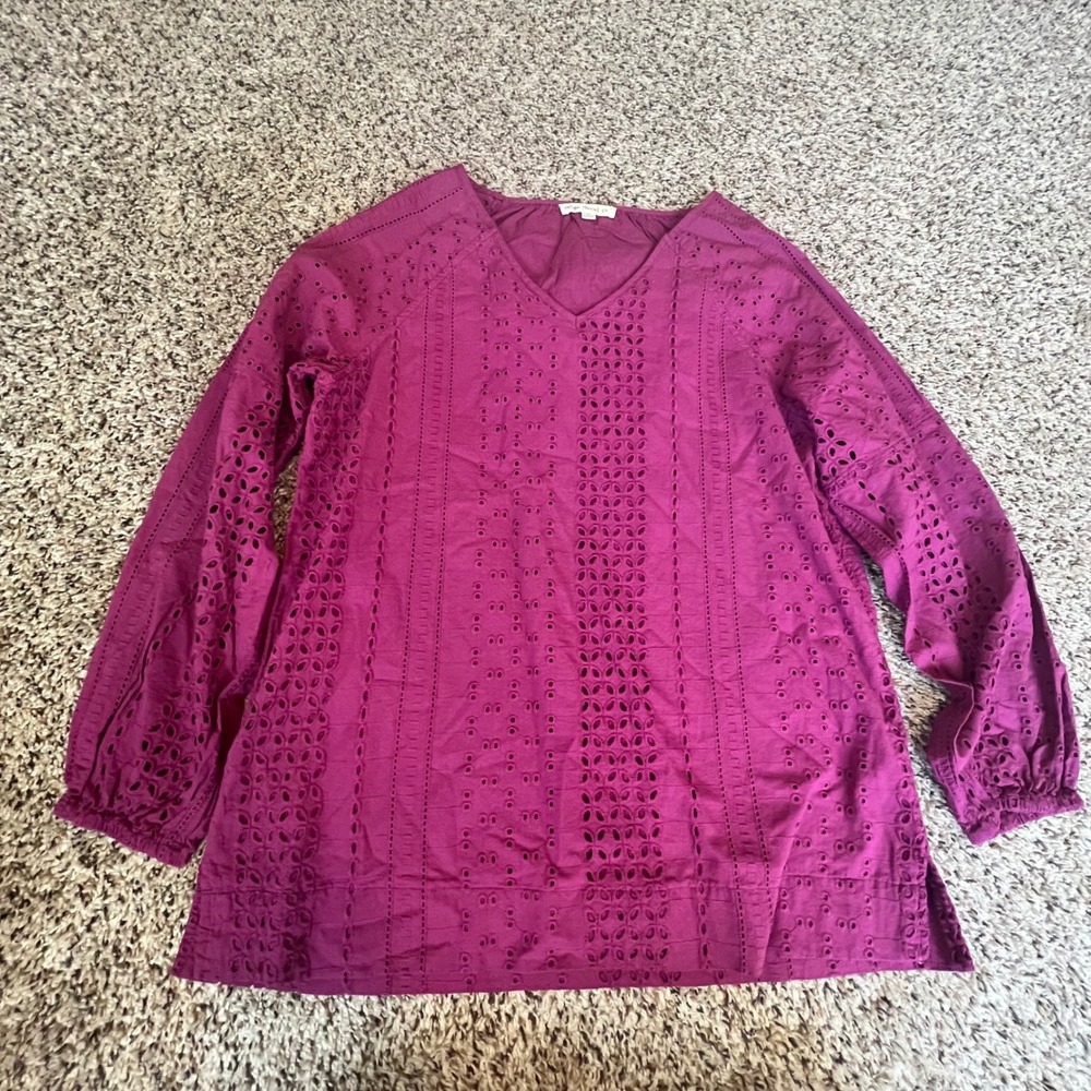 Indigo Thread Co. Plum Purple Eyelet V Neck Long Sleeve Tunic Top Women's Medium